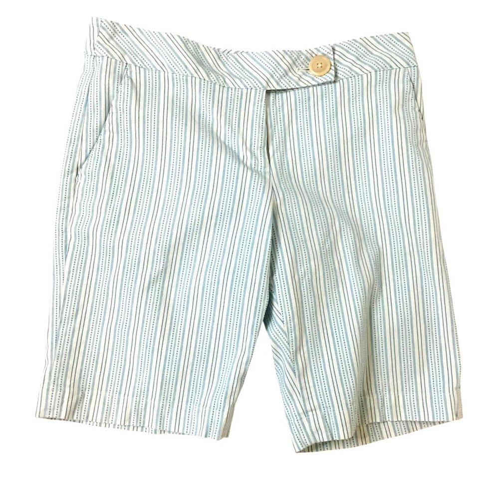 Talbots Linen Blend Striped Women Bermuda Shorts Pockets Stretch Blue Preppy 4P
